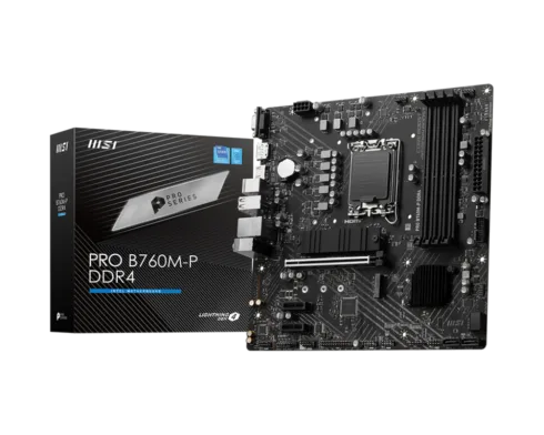 MSI   PRO B760M-P DDR4   Processor family Intel   Processor socket  LGA1700   DDR4 DIMM   Memory slots 4   Supported hard disk drive interfaces 	SATA, M.2   Number of SATA connectors 4   Chipset Intel B760   mATX