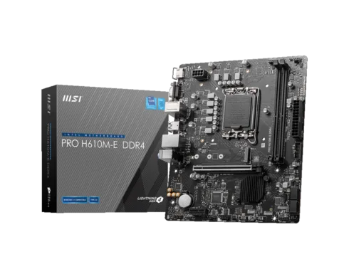 MSI   PRO H610M-E DDR4   Processor family Intel   Processor socket  LGA1700   DDR4 DIMM   Memory slots 2   Supported hard disk drive interfaces 	SATA, M.2   Number of SATA connectors 4   Chipset Intel H610   Mirco-ATX