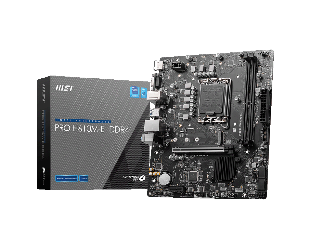 401378-pro-h610m-e-ddr4-4711377002660-0.webp MSI PRO H610M-E DDR4 Processor family Intel Processor socket LGA1700 DDR4 DIMM Memory slots 2 Supported hard disk drive interfaces SATA, M.2 Number of SATA connectors 4 Chipset Intel H610 Mirco-ATX
