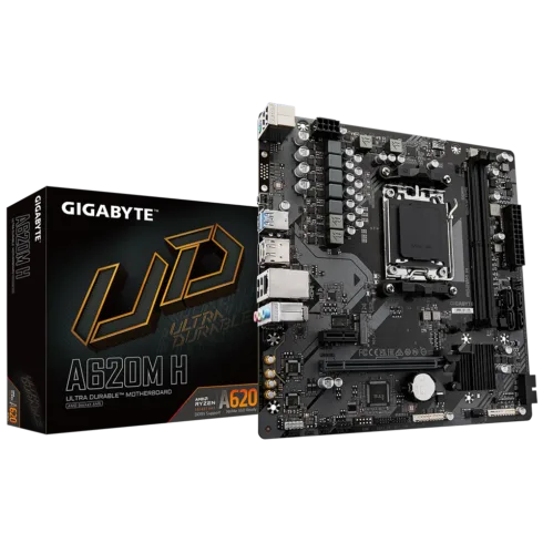 Gigabyte   A620M H 1.0 M/B   Processor family AMD   Processor socket AM5   DDR5 DIMM   Memory slots 2   Supported hard disk drive interfaces SATA, M.2   Number of SATA connectors 4   Chipset AMD A620   Micro ATX