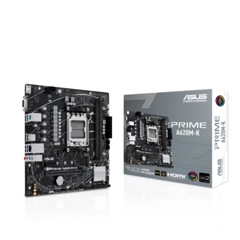 Asus   PRIME A620M-K   Processor family AMD   Processor socket AM5   DDR5 DIMM   Memory slots 2   Supported hard disk drive interfaces 	SATA, M.2   Number of SATA connectors 4   Chipset AMD A620   micro-ATX