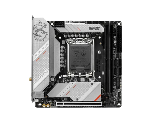 MSI   MPG B760I EDGE WIFI   Processor family Intel   Processor socket  LGA1700   DDR5 DIMM   Memory slots 2   Supported hard disk drive interfaces SATA, M.2   Number of SATA connectors 4   Chipset Intel B760   Mini-ITX