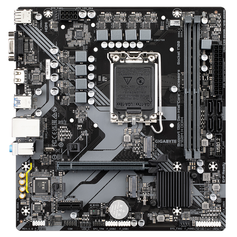 409580-b760m-h-ddr4-4719331854645-0.webp Gigabyte B760M H DDR4 1.0 M/B Processor family Intel Processor socket LGA1700 DDR4 DIMM Memory slots 2 Supported hard disk drive interfaces SATA, M.2 Number of SATA connectors 4 Chipset Intel B760 Express Micro ATX