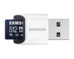 MicroSD kortelė Samsung PRO Ultimate su kortelių skaitytuvu, matoma iš šono