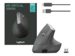 Pelė Logitech MX VERTICAL, šoninis vaizdas, rodo ergonomišką formą ir mygtukus