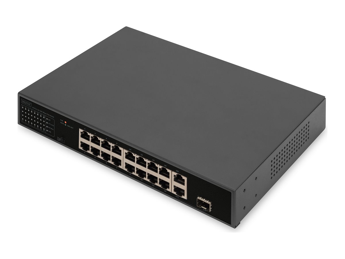 414793-dn-95355-4016032485056-0.webp Digitus 16 Port Fast Ethernet PoE Switch DN-95355 Unmanaged Rackmountable 10/100 Mbps (RJ-45) ports quantity 16 SFP ports quantity 1
