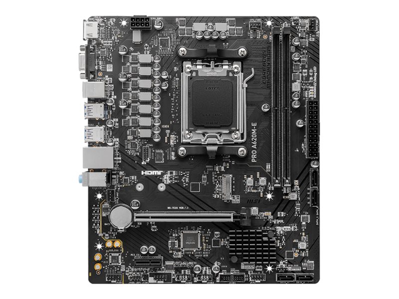 417476-pro-a620m-e-4711377093804-0.webp MSI PRO A620M-E Processor family AMD Processor socket AM5 DDR5 Supported hard disk drive interfaces SATA, M.2 Number of SATA connectors 4