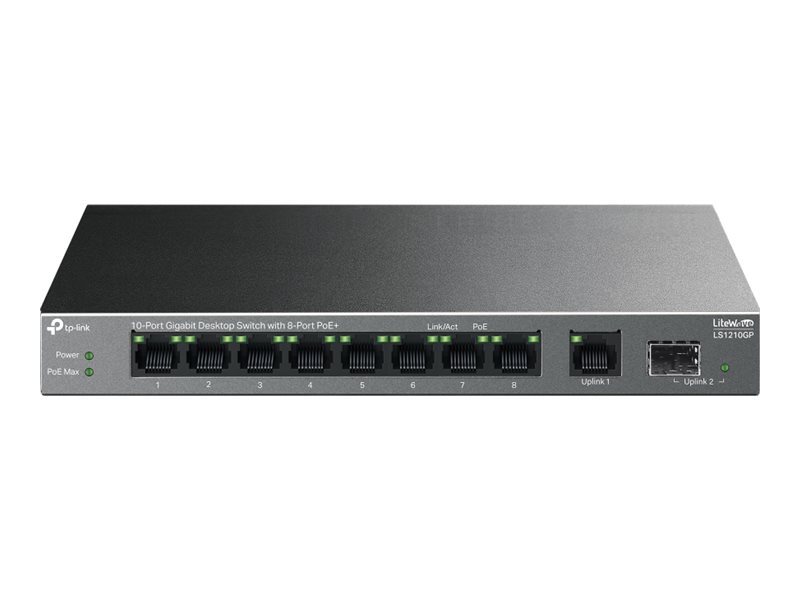 436967-ls1210gp-4895252504569-0.webp TP-LINK 10-Port Gigabit Desktop Switch with 8-Port PoE+ LS1210GP Unmanaged Desktop