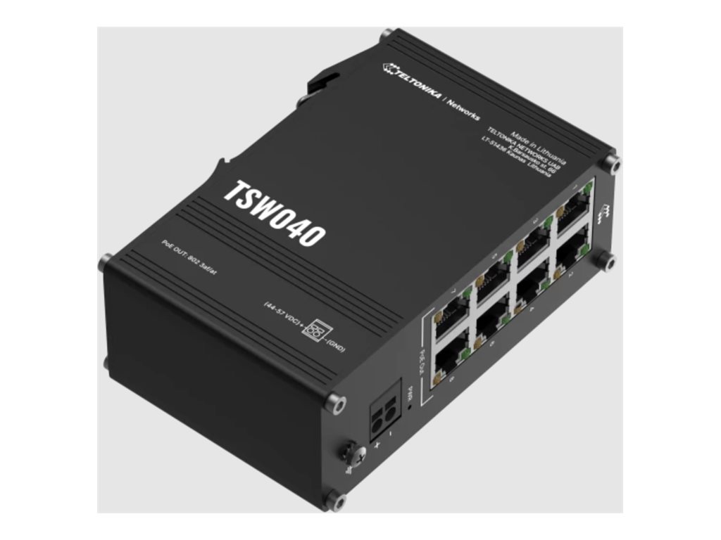 439670-tsw040000000-4779051841448-0.webp Teltonika Industrial Switch TSW040 Unmanaged DIN rail mountable 10/100 Mbps (RJ-45) ports quantity 8 PoE+ ports quantity 8 Power supply type 2-pin industrial DC power socket