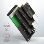 Metalinė AXAGON EEM2-SBC dėžutė, matoma iš šono, su USB-C jungtimi