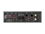 Motininė plokštė MSI MEG X870E GODLIKE, iš šono, rodo jungčių išdėstymą