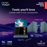 Lenovo Yoga Book 9 14IAH10   Tidal Teal   2×14 ”   OLED   Touchscreen   2.8K WQXGA+   2880 x 1800 pixels   Glossy   Intel Core Ultra 7   255H   32 GB   Soldered LPDDR5x   Solid-state drive capacity 1000 GB   Intel Arc Graphics   Windows 11 Pro   802.11be   Bluetooth version 5.4   Keyboard language Nordic   Keyboard backlit   Warranty 24 month(s)   Battery warranty 12 month(s)