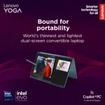 Lenovo Yoga Book 9 14IAH10   Tidal Teal   2×14 ”   OLED   Touchscreen   2.8K WQXGA+   2880 x 1800 pixels   Glossy   Intel Core Ultra 7   255H   32 GB   Soldered LPDDR5x   Solid-state drive capacity 1000 GB   Intel Arc Graphics   Windows 11 Pro   802.11be   Bluetooth version 5.4   Keyboard language Nordic   Keyboard backlit   Warranty 24 month(s)   Battery warranty 12 month(s)