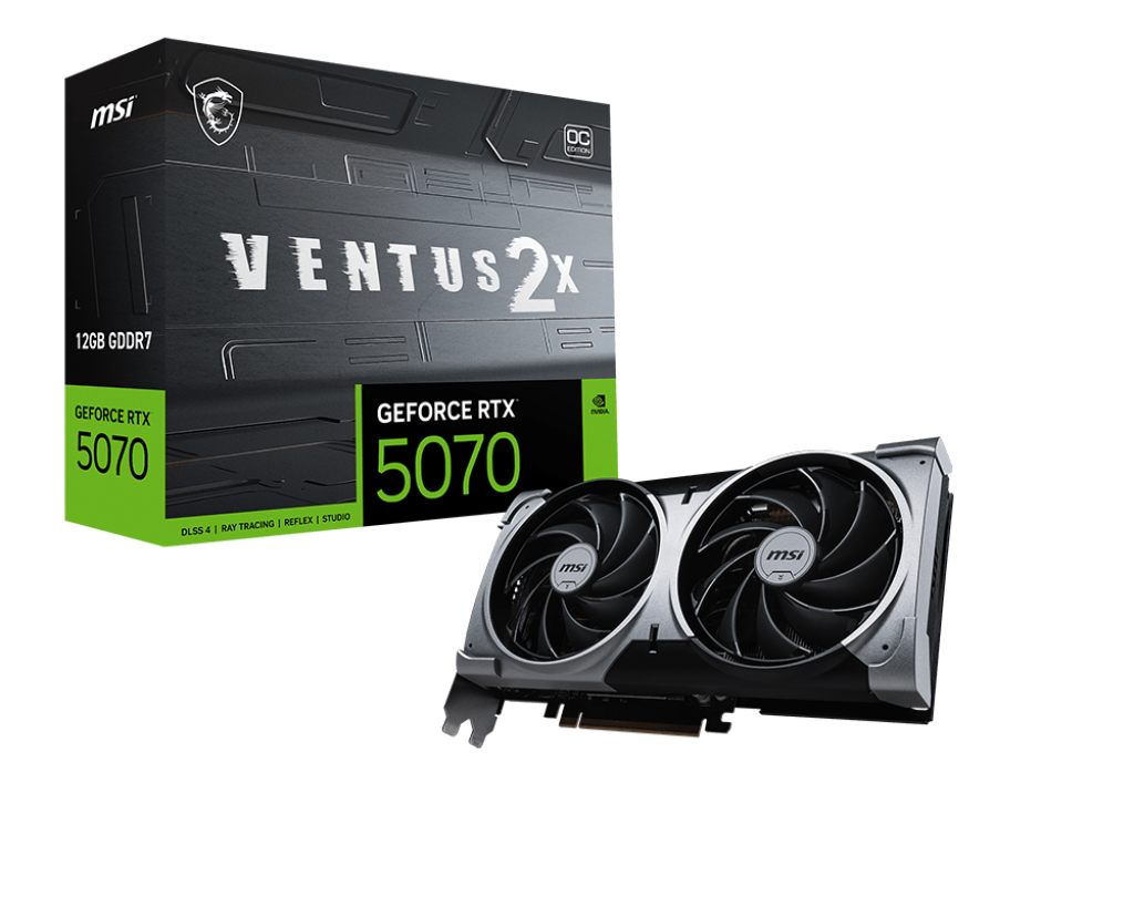 464678-geforce-rtx-5070-12g-ventus-2x-oc-4711377308229-0.webp MSI GeForce RTX 5070 12G VENTUS 2X OC NVIDIA 12 GB GeForce RTX 5070 GDDR7 HDMI ports quantity 1 PCI Express Gen 5