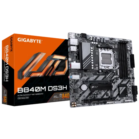 Gigabyte B840M DS3H   Processor family AMD   Processor socket AM5   DDR5   Supported hard disk drive interfaces SATA, M.2   Number of SATA connectors 4