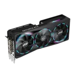 Vaizdo plokštė Gigabyte AORUS GeForce RTX 5070 MASTER 12G iš šono, rodant HDMI ir DisplayPort jungtis