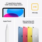 Apple iPad   11 ”   Silver   Liquid Retina   2360 x 1640 pixels   A16   128 GB   128 GB   Wi-Fi   Front camera   12 MP   Rear camera   12 MP   Bluetooth   5.3   iOS