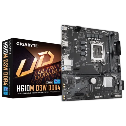 Gigabyte H610M D3W DDR4   Processor family Intel   Processor socket LGA1700   DDR4   Supported hard disk drive interfaces M.2, SATA   Number of SATA connectors 4