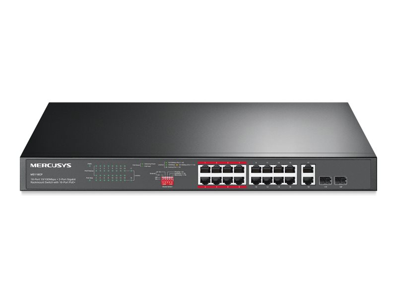 472577-ms118cp-0.webp Mercusys MS118CP 16-Port 10/100Mbps + 2-Port Gigabit Rackmount Switch with 16-Port PoE+ Mercusys