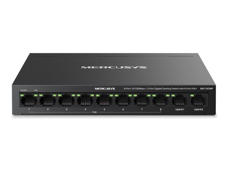 472578-ms110cmp-0.webp Mercusys MS110CMP 8-Port 10/100 Mbps + 2-Port Gigabit Desktop Switch with 8-Port PoE+ Mercusys