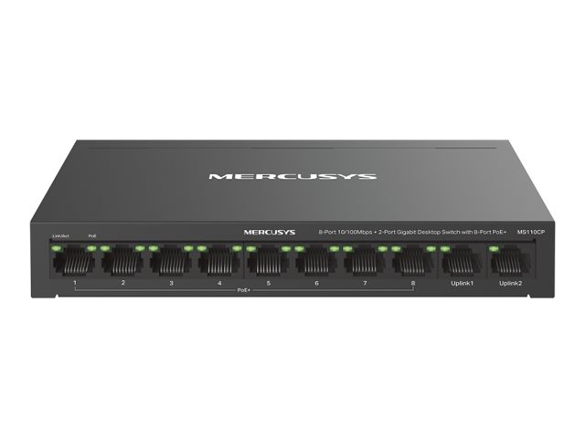 472579-ms110cp-0.webp Mercusys MS110CP 8-Port 10/100 Mbps + 2-Port Gigabit Desktop Switch with 8-Port PoE+ Mercusys