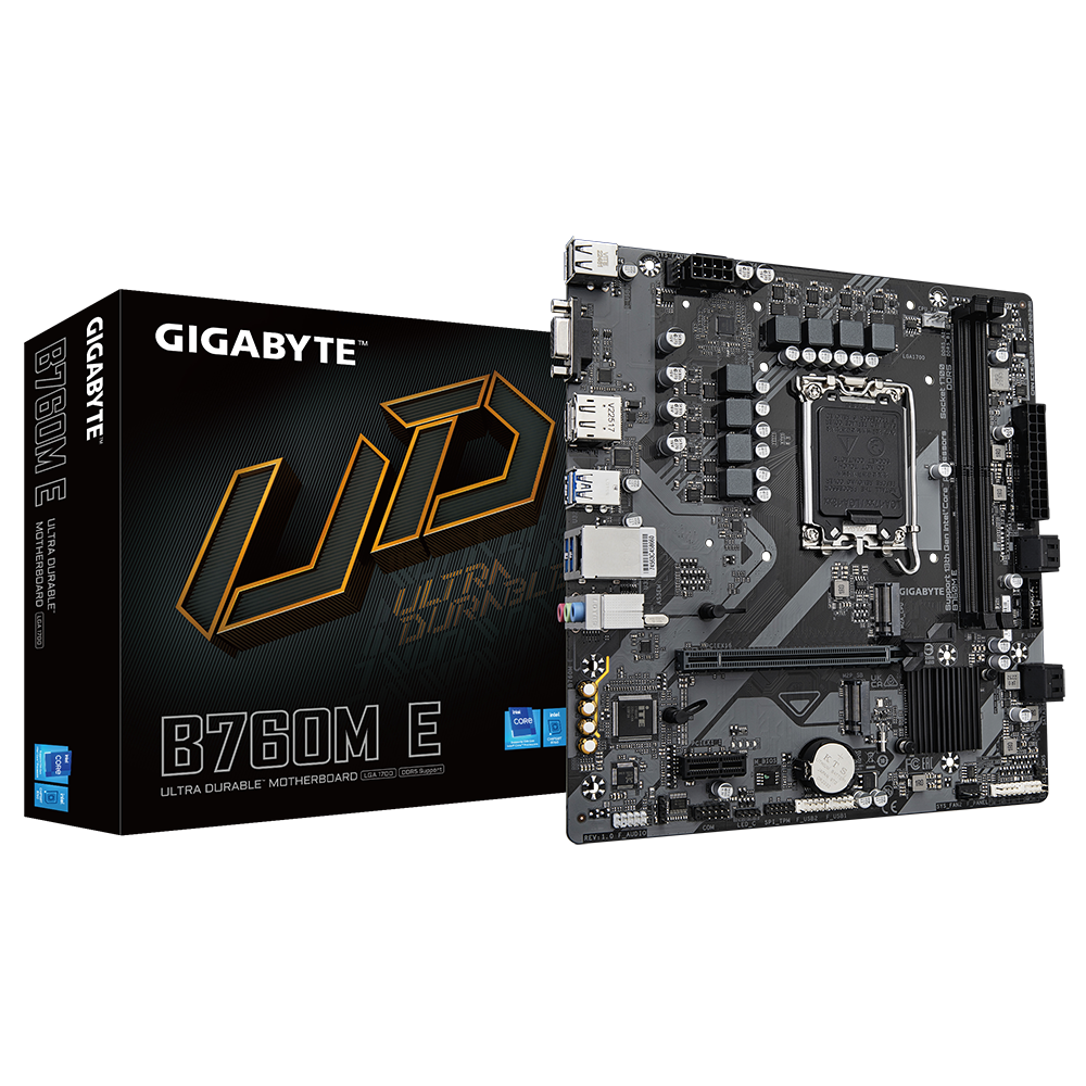 474779-b760m-e-4719331856052-0.webp Gigabyte B760M E Processor family Intel Processor socket LGA1700 DDR5 Supported hard disk drive interfaces M.2, SATA Number of SATA connectors 4