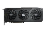Vaizdo plokštė Gigabyte Radeon RX 9060 XT, matoma iš šono, su HDMI ir DisplayPort prievadais