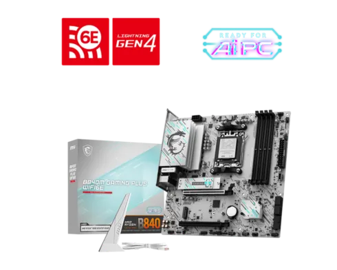 MSI B840M GAMING PLUS WIFI6E   Processor family AMD   Processor socket AM5   DDR5   Supported hard disk drive interfaces SATA, M.2   Number of SATA connectors 4