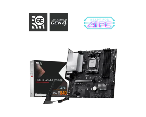 MSI PRO B840M-P WIFI6E   Processor family AMD   Processor socket AM5   DDR5   Supported hard disk drive interfaces SATA, M.2   Number of SATA connectors 4