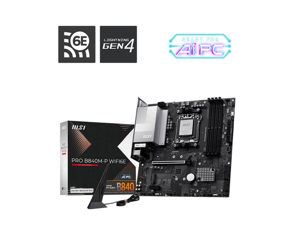478326-pro-b840m-p-wifi6e-4711377361804-0.webp MSI PRO B840M-P WIFI6E Processor family AMD Processor socket AM5 DDR5 Supported hard disk drive interfaces SATA, M.2 Number of SATA connectors 4