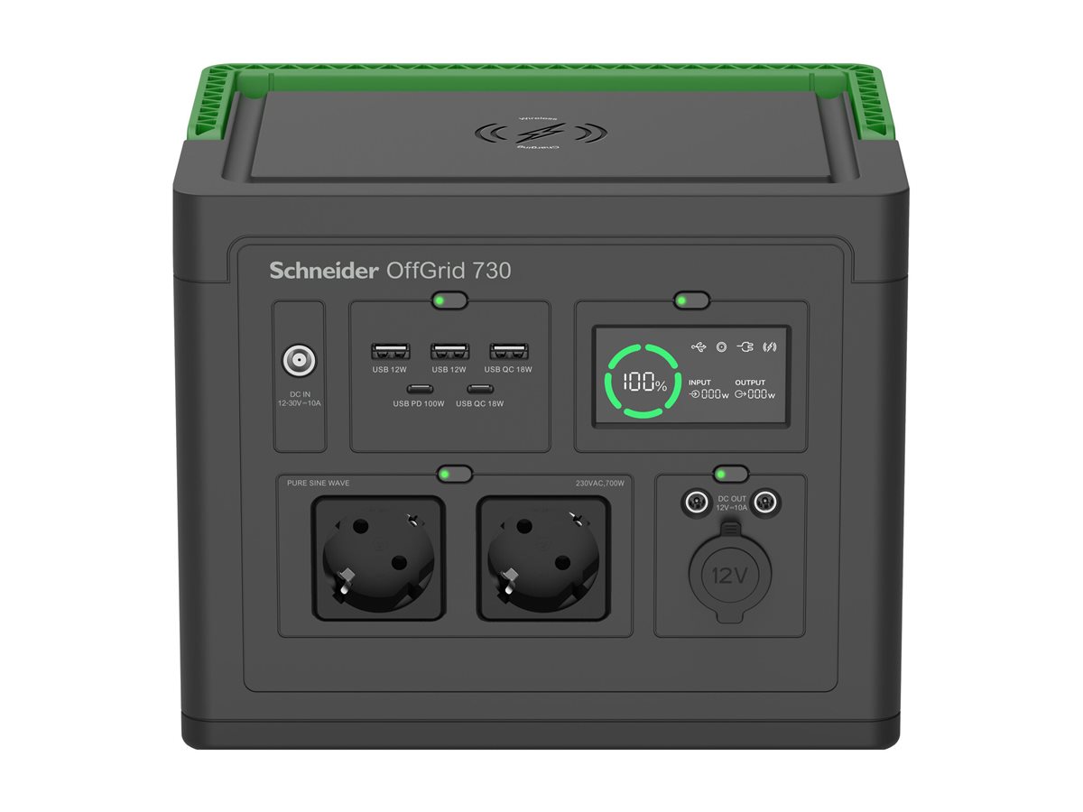 480202-pps730-gr-731304736899-0.webp Schneider Electric OffGrid Portable Power Station 730, 738Wh Lithium-ion, LCD, 2 CEE 7/3 Schuko outlets, Sinewave, 3 USB-A, 2 USB-C, Wireless Charger PPS730-GR