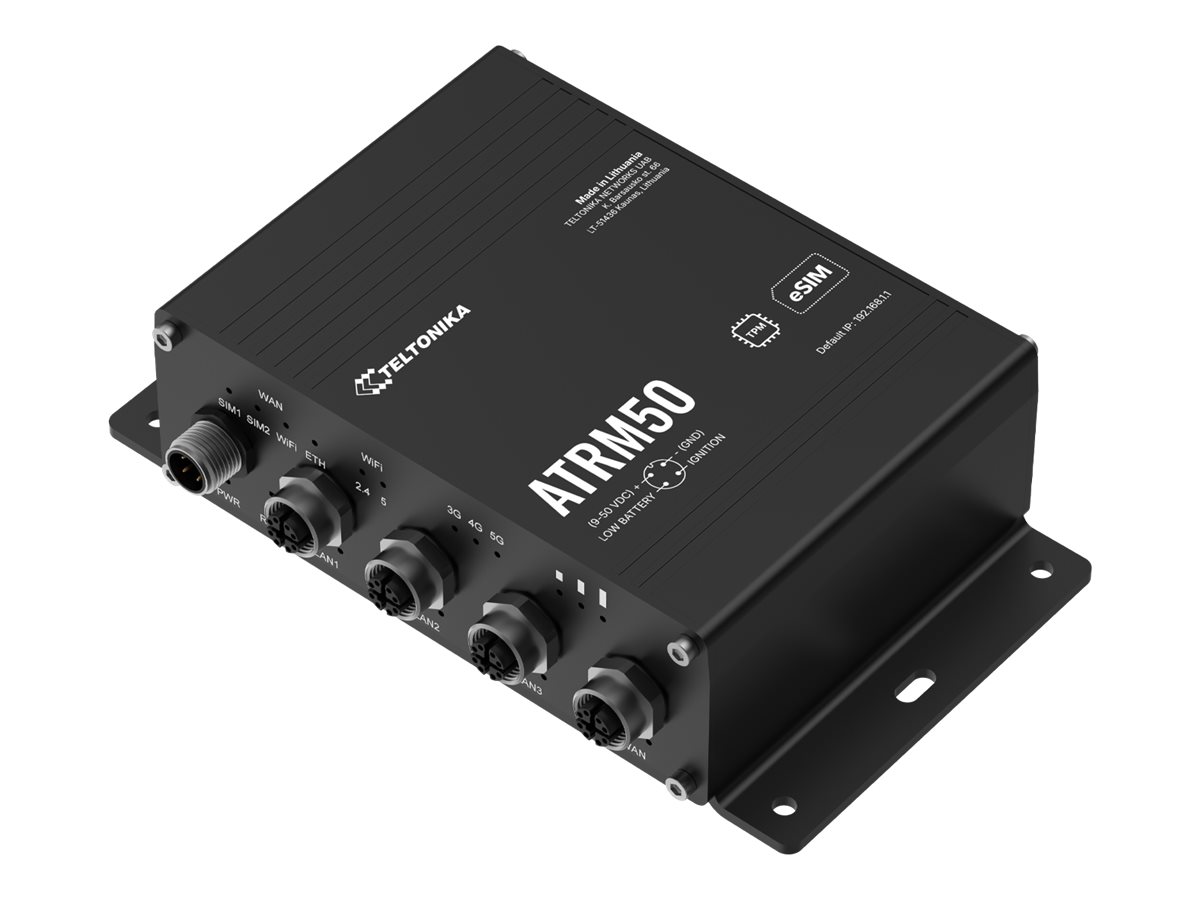 484566-atrm50100000-4779051844869-0.webp Teltonika 5G Router for Transportation ATRM50 802.11ac 10/100/1000 Mbit/s Ethernet LAN (RJ-45) ports 3 Mesh Support Yes MU-MiMO Yes 5G Antenna type 4 x SMA for Mobile, 2 x RP-SMA for Wi-Fi, 1 x SMA for GNNS