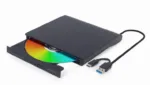 Gembird išorinis USB DVD įrenginys, matomas iš šono, rodo jungtis