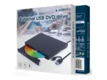 Gembird išorinis USB DVD įrenginys, matomas iš šono su prijungtu kabeliu