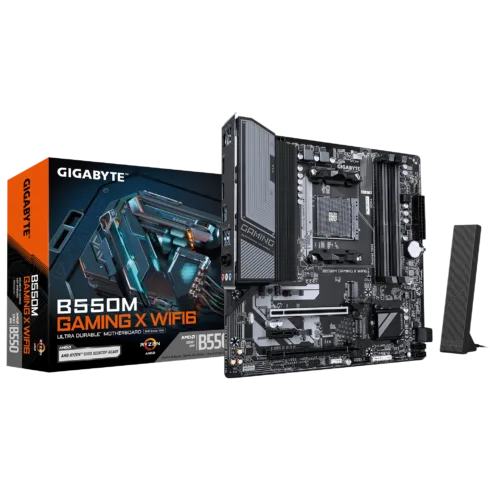 Gigabyte B550M GAMING X WIFI6   Processor family AMD   Processor socket AM4   DDR4 DIMM   Supported hard disk drive interfaces SATA, M.2   Number of SATA connectors 4