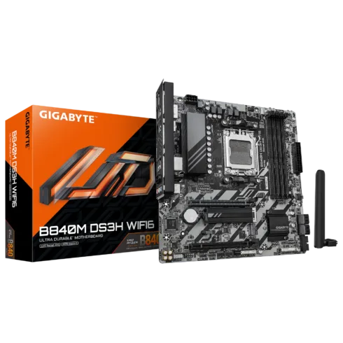 Gigabyte B840M DS3H WIFI6 (rev. 1.1)   Processor family AMD   Processor socket AM5   DDR5   Supported hard disk drive interfaces SATA, M.2   Number of SATA connectors 4