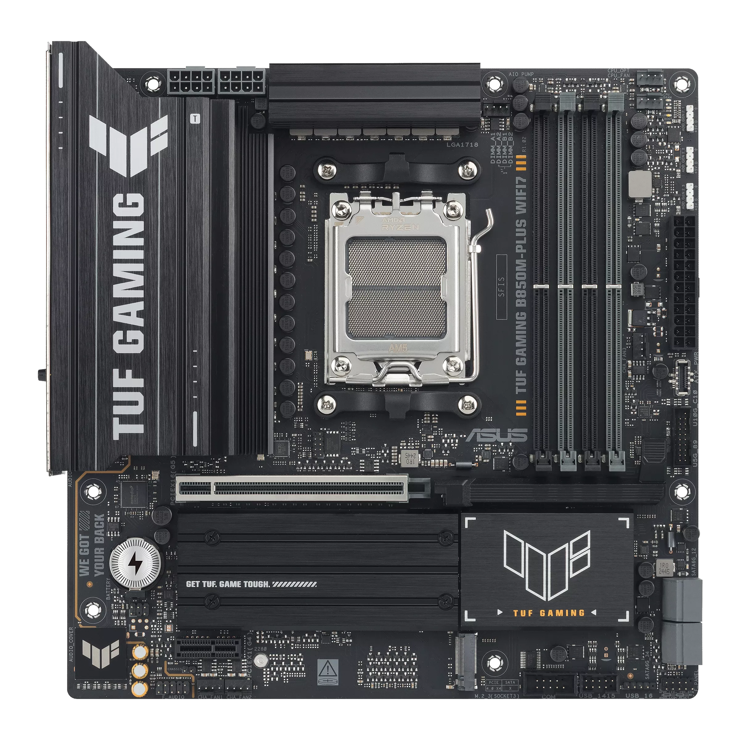 495886-90mb1mu0-m0eay0-4711636179027-0.webp Asus TUF GAMING B850M-PLUS WIFI7 Processor family AMD Processor socket AM5 DDR5 Supported hard disk drive interfaces SATA, M.2 Number of SATA connectors 4