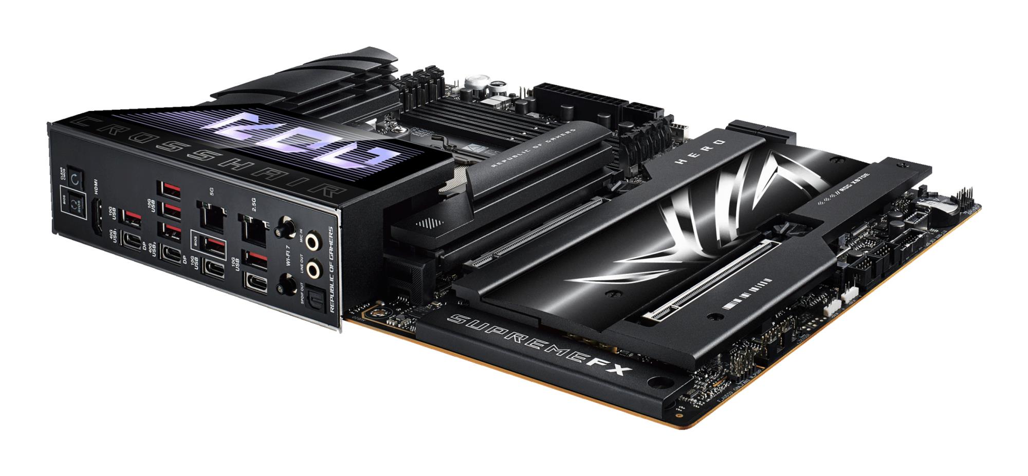 5471cfb1-45e0-4442-bf20-b0aa3cb7ad97 Mainboard ASUS AMD X870E SAM5 ATX Memory DDR5 Memory slots 4 2xPCI-Express 4.0 16x 2xPCI-Express 5.0 16x 4xM.2 1xHDMI 1xAudio-In 1xAudio-Out 6xUSB 3.2 2xUSB-C 2xUSB4 1xOptical S/PDIF 1xRJ45 ROGCROSSHAIRX870EHERO