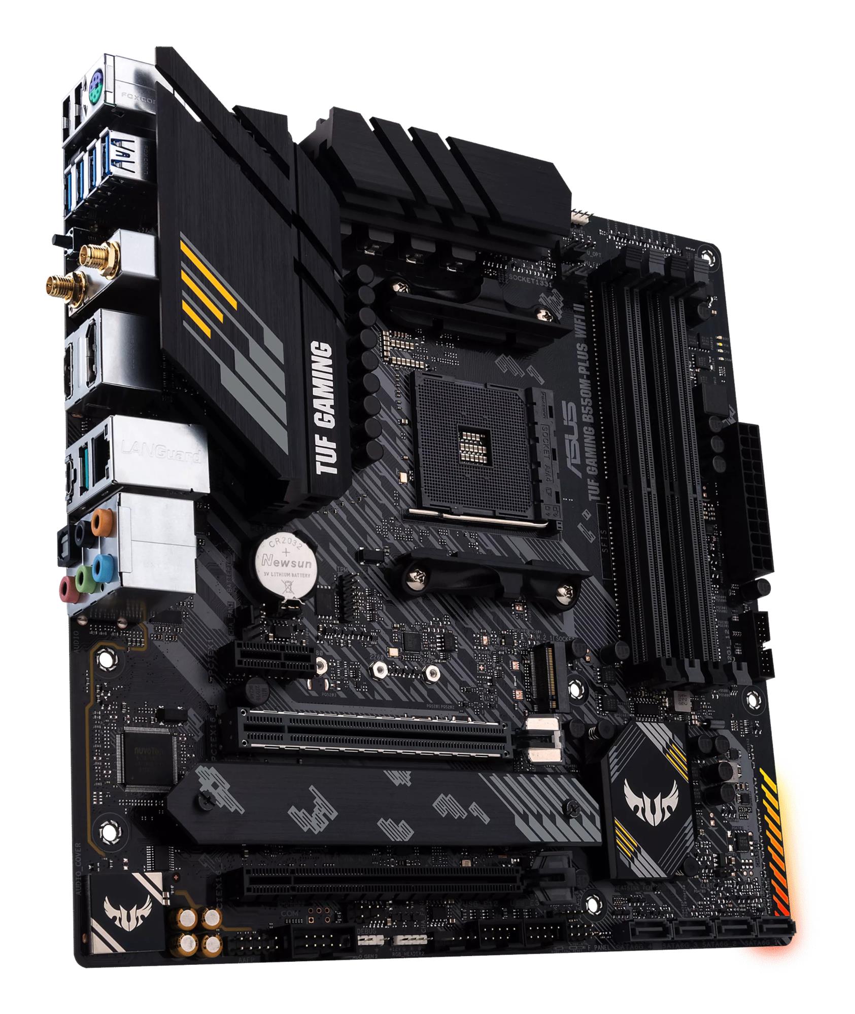 5ccb0b01-d950-43f5-ab3f-439813d8ef1d Mainboard ASUS AMD B550 SAM4 MicroATX Memory DDR4 Memory slots 4 1xPCI-Express 3.0 1x 1xPCI-Express 3.0 16x 1xPCI-Express 4.0 16x 2xM.2 1xHDMI 1xDisplayPort 2xUSB 2.0 5xUSB 3.2 1xUSB type C 1xPS/2 1xOptical S/PDIF 1xRJ45 5xAudio port TUFGAMB550MPLUSWIFIII