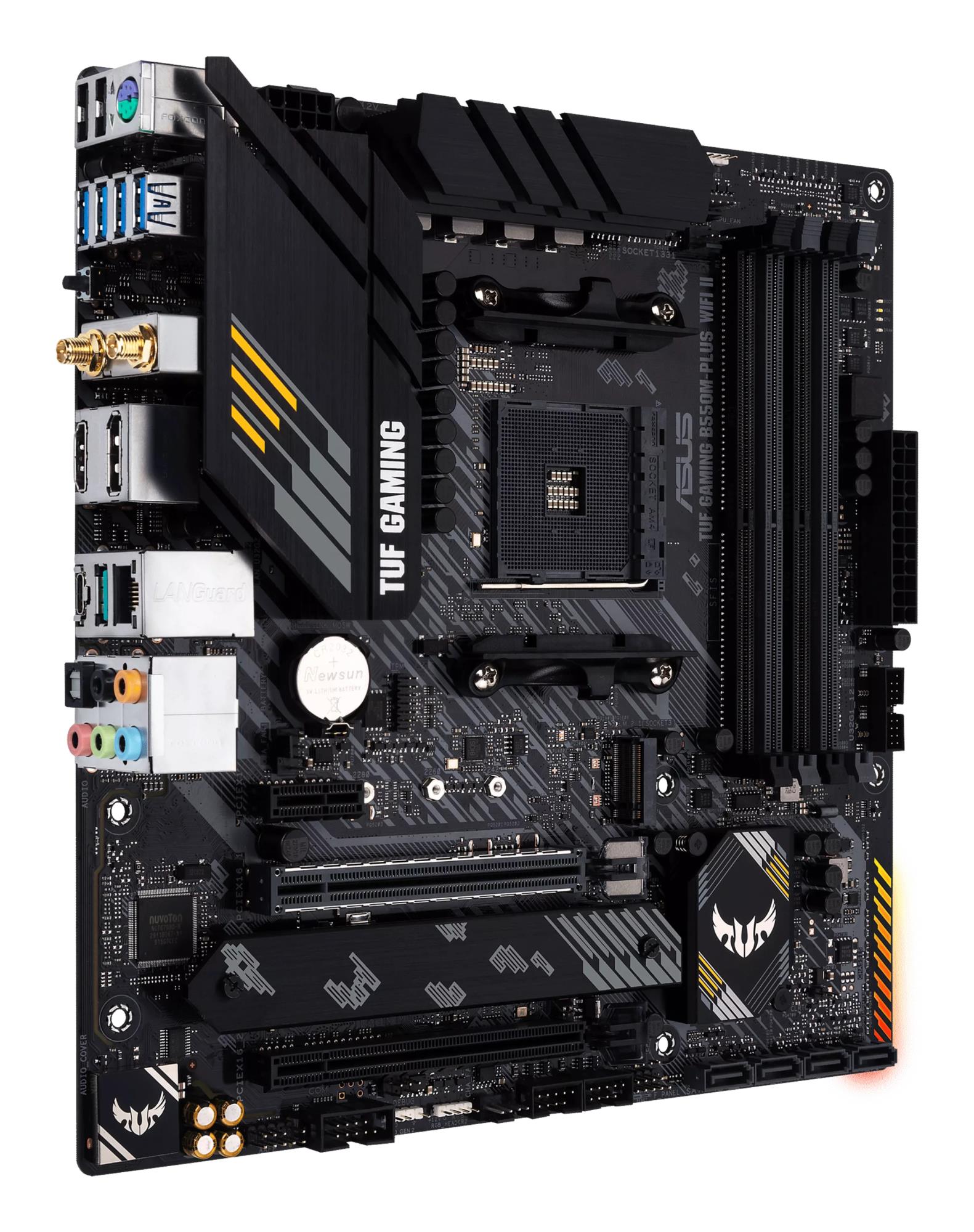 5efdadff-afab-4b8a-adae-e5be2e973a28 Mainboard ASUS AMD B550 SAM4 MicroATX Memory DDR4 Memory slots 4 1xPCI-Express 3.0 1x 1xPCI-Express 3.0 16x 1xPCI-Express 4.0 16x 2xM.2 1xHDMI 1xDisplayPort 2xUSB 2.0 5xUSB 3.2 1xUSB type C 1xPS/2 1xOptical S/PDIF 1xRJ45 5xAudio port TUFGAMB550MPLUSWIFIII