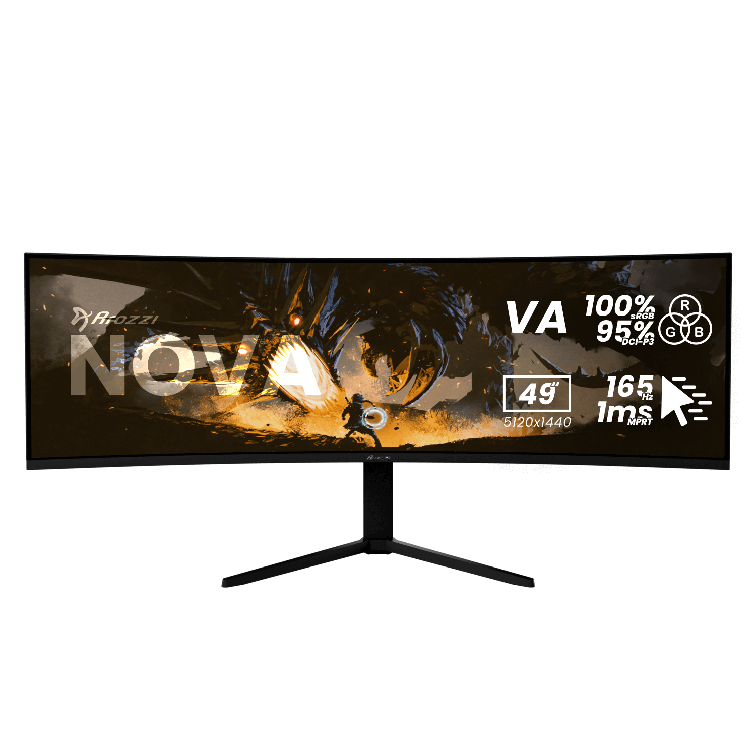 603645-az-no-49tuw165-bk-850072937007-0.webp Arozzi Nova 49 ” VA 32:9 165 Hz 4 ms 5120 x 1440 pixels 350 cd/m² HDMI ports quantity 2 Black