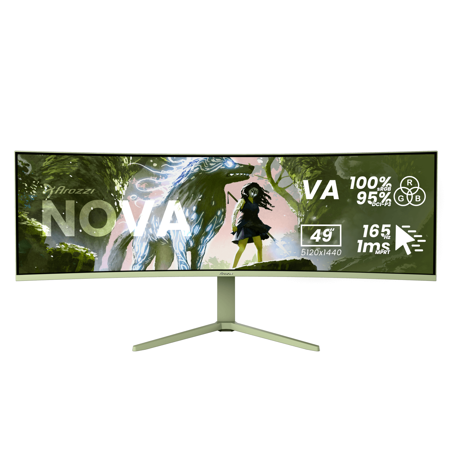 603646-az-no-49tuw165-fst-850072937021-0.webp Arozzi Nova 49 ” VA 32:9 165 Hz 4 ms 5120 x 1440 pixels 350 cd/m² HDMI ports quantity 2 Forest Green