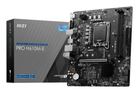 Mainboard MSI Intel H610 LGA1700 Micro-ATX Memory DDR5 Memory slots 2 1xPCI-Express 1x 1xPCI-Express 16x 1xM.2 1x15pin D-sub 1xHDMI 4xUSB 2.0 2xUSB 3.2 1xPS/2 1xRJ45 3xAudio port PROH610M-E