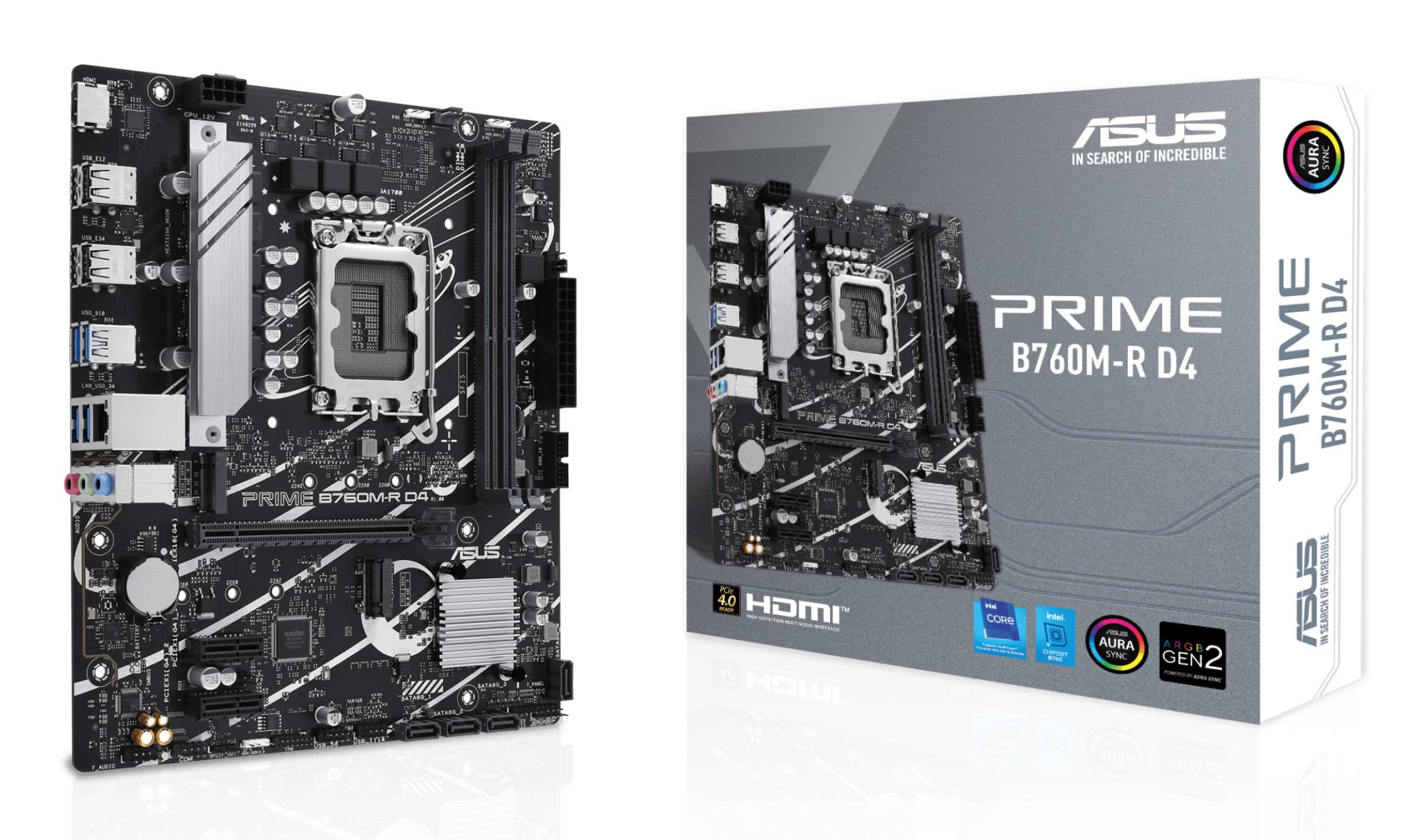 6cc5bf57-8835-45ff-99a6-c68415faf08f Mainboard ASUS Intel B760 Express LGA1700 Micro-ATX Memory DDR4 Memory slots 2 2xPCI-Express 4.0 1x 1xPCI-Express 4.0 16x 2xM.2 1x15pin D-sub 1xHDMI 4xUSB 2.0 4xUSB 3.2 1xOptical S/PDIF 3xAudio port PRIMEB760M-RD4