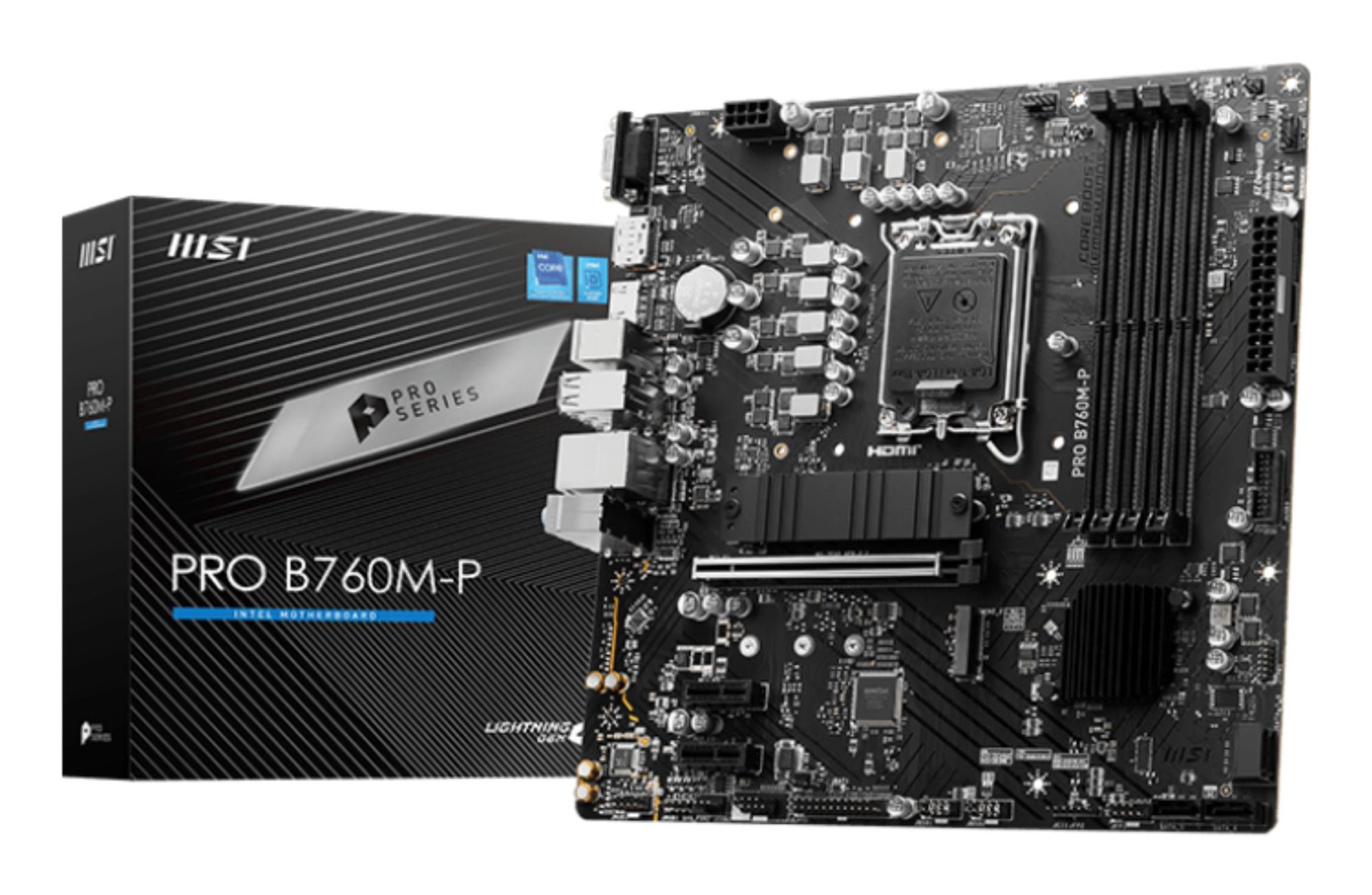70ab5757-1517-4acc-9bb9-4d642b8db85e Mainboard MSI Intel B760 Express LGA1700 Micro-ATX Memory DDR5 Memory slots 4 2xPCI-Express 1x 1xPCI-Express 16x 2xM.2 1x15pin D-sub 1xHDMI 1xDisplayPort 4xUSB 2.0 1xUSB 3.2 1xUSB-C 2xPS/2 1xRJ45 3xAudio port PROB760M-P