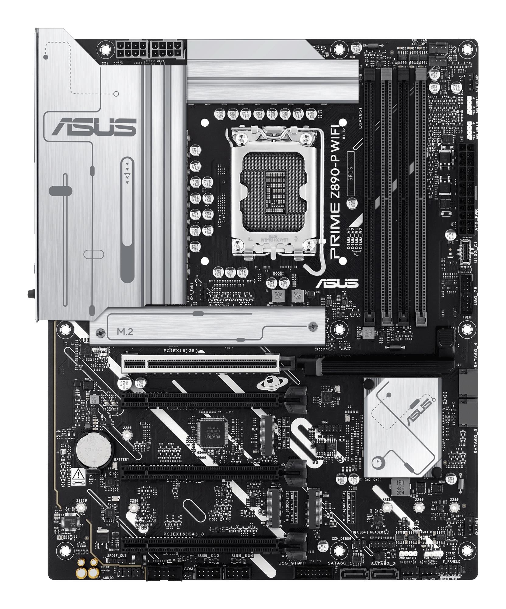 744f092c-253f-4a0c-a8f3-ece9e7441f50 Mainboard ASUS Intel Z890 LGA1851 ATX Memory DDR5 Memory slots 4 3xPCI-Express 4.0 16x 1xPCI-Express 5.0 16x 4xM.2 1xHDMI 1xDisplayPort 1xAudio-In 1xAudio-Out 1xMicrophone 4xUSB 2.0 2xUSB 3.0 1xUSB 3.1 1xUSB-C w/Thunderbolt 1xRJ45 PRIMEZ890-PWIFI