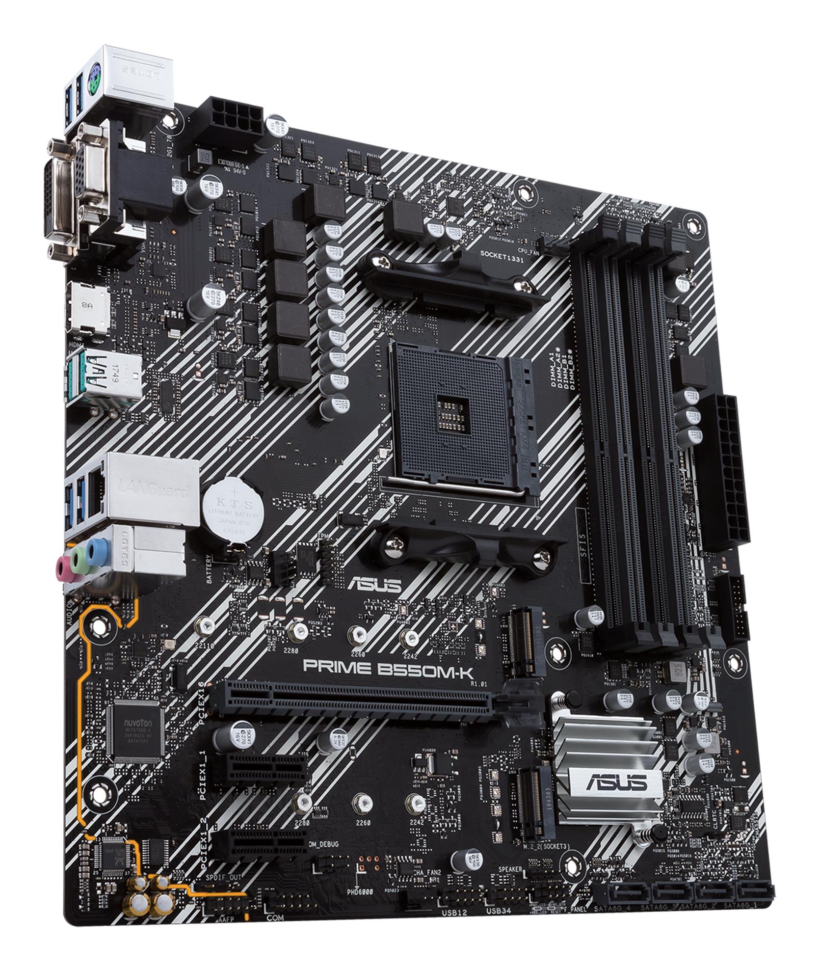 80c7e322-4f84-40bc-a98d-f0ddd92bc140 Mainboard ASUS AMD B550 SAM4 MicroATX 2xPCI-Express 3.0 1x 2xM.2 1xPCI-Express 4.0 16x Memory DDR4 Memory slots 4 1x15pin D-sub 1xDVI 1xHDMI 6xUSB 3.2 1xPS/2 1xRJ45 3xAudio port PRIMEB550M-K