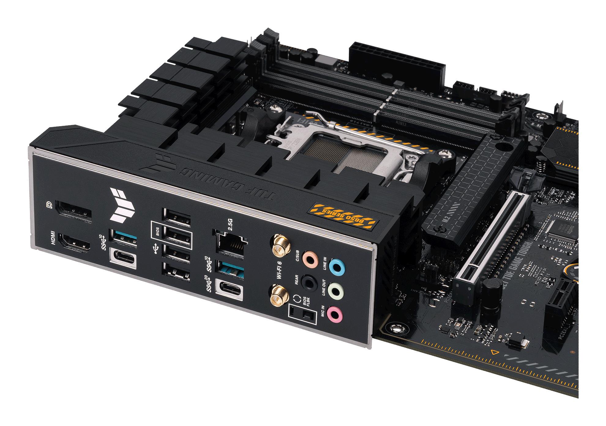 83ad9f92-aa2a-4b6a-a4d0-8602899afbfb Mainboard ASUS AMD B650 SAM5 ATX Memory DDR5 Memory slots 4 2xPCI-Express 4.0 1x 2xPCI-Express 4.0 16x 3xM.2 1xHDMI 1xDisplayPort 4xUSB 2.0 2xUSB 3.2 2xUSB-C 1xRJ45 5xAudio port TUFGAMINGB650-PLUSWIFI