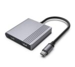 Adapteris USB-C į HDMI/USB3, matomas iš šono su prijungtais kabeliais