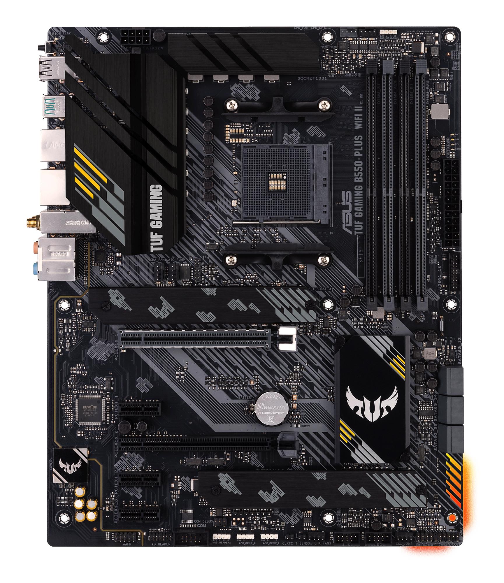 9e567d7e-3d1f-4da4-8b9b-c43d46461659 Mainboard ASUS AMD B550 SAM4 ATX Memory DDR4 Memory slots 4 1xPCI-Express 3.0 1x 1xPCI-Express 3.0 4x 1xPCI-Express 4.0 16x 2xM.2 1xHDMI 1xDisplayPort 2xAudio-In 3xAudio-Out 2xUSB 2.0 1xUSB type C 5xUSB 3.2 1xOptical S/PDIF 1xRJ45 TUFGAMB550-PLUSWIFIII